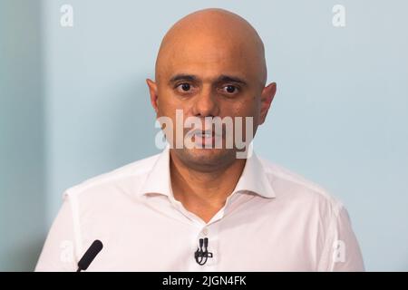 London, Großbritannien. 11.. Juli 2022. Der Kandidat der konservativen Parteiführung, Sajid Javid, MP, spricht beim Start seiner Kampagne in London. Der Zeitplan für den Wettbewerb, um Boris Johnsons Nachfolger als konservativen Führer zu finden, wurde heute vom Ausschuss für 1922 beschlossen, wobei bis zum 5.. September ein neuer Premierminister gewählt werden soll. Kredit: SOPA Images Limited/Alamy Live Nachrichten Stockfoto