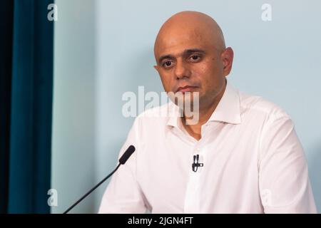 London, Großbritannien. 11.. Juli 2022. Der Kandidat der konservativen Parteiführung, Sajid Javid, MP, spricht beim Start seiner Kampagne in London. Der Zeitplan für den Wettbewerb, um Boris Johnsons Nachfolger als konservativen Führer zu finden, wurde heute vom Ausschuss für 1922 beschlossen, wobei bis zum 5.. September ein neuer Premierminister gewählt werden soll. Kredit: SOPA Images Limited/Alamy Live Nachrichten Stockfoto