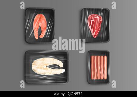 Lebensmittel in Kunststoffverpackungen für den Einzelhandel, frischen Fisch, Fleisch und Würstchen, rohe Steaks von Rind-, Lachs- oder Heilbutt-Filet. Isolierte Produkte Design-Elemente Draufsicht, realistische 3D Vektor-Illustrationsset Stock Vektor