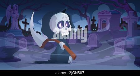 Sensenmann mit Sense auf Nachtfriedhof. Lustige Todesfigur tragen schwarze Chlamydien mit Totenkopf unter der Kapuze. Skytheman Skelett im Umhang auf Friedhof, Halloween Horror Szene Cartoon Vektor Illustration Stock Vektor