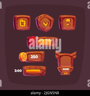 Hölzerne Spielknöpfe, Cartoon-Menü-Schnittstelle, Avatar-Rahmen, Partitur, Ebene und Verarbeitung bar Holz texturierte Bretter, ui oder gui Grafik-Design-Elemente, Kraftstoff, Zeit, Schild isoliert 2D Vektor-Icons gesetzt Stock Vektor