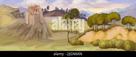 Italienische Landschaft im Stil von Vittore Corpacio. Digital Painting Hintergrund, Illustration. Stockfoto