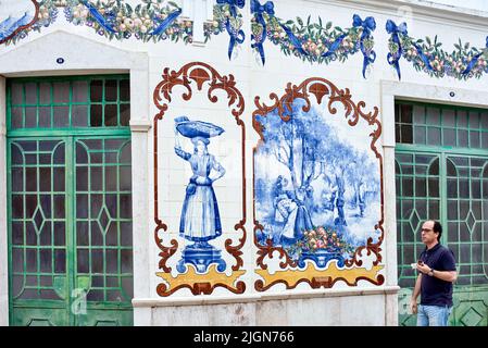 Azulejos Fliesen Platten, die den Markt decken spiegelt die Aktivitäten des Marktes und der Landschaft in Vila Franca de Xira, portugal Stockfoto