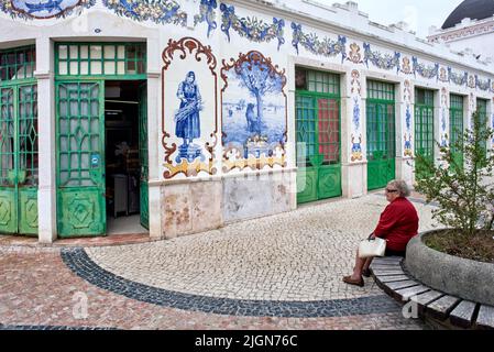 Azulejos Fliesen Platten, die den Markt decken spiegelt die Aktivitäten des Marktes und der Landschaft in Vila Franca de Xira, portugal Stockfoto