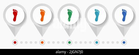 Human Foot Print Concept Vektor-Symbole, editierbare Infografik-Vorlage, Satz von bunten flachen Design-Zeiger Stock Vektor