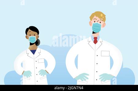 Junge Männer und Frauen Ärzte Team Vorderansicht mit Händen auf Hüften Pose, tragen schützende blaue chirurgische Masken. Schutz vor Coronavirus. Stock Vektor