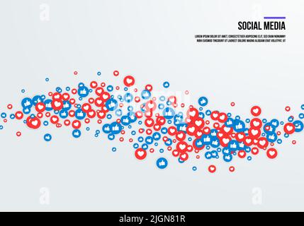 Große Gruppe von Daumen nach oben und Herz-Symbol fliegen auf weißem Hintergrund. Social-Media-Liebe und wie Hintergrund. vektor-Illustration Stock Vektor