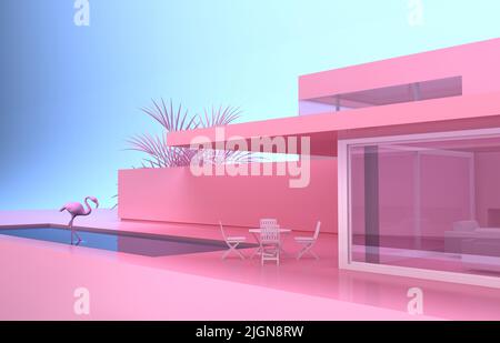 Minimalistisches, modernes Privathaus in Pink mit Flamingos. 3D Rendern Stockfoto