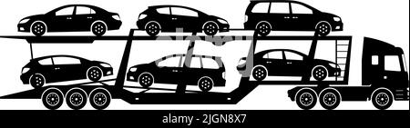 Autoträger LKW Silhouette auf weißem Hintergrund. Monochrome Fahrzeugsymbole stellen die Ansicht von der Seite ein Stock Vektor