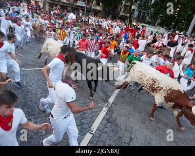 Pamplona, Spanien. 12.. Juli 2022. Sechste Stierkampfarena der San Fermin-Feierlichkeiten in Pamplona, 12. Juli 2022. Sexto encierro de las Fiestas de San Fermin en Pamplona, 12 de Julio de 2022. 900/Cordon Press Credit: CORDON PRESS/Alamy Live News Stockfoto