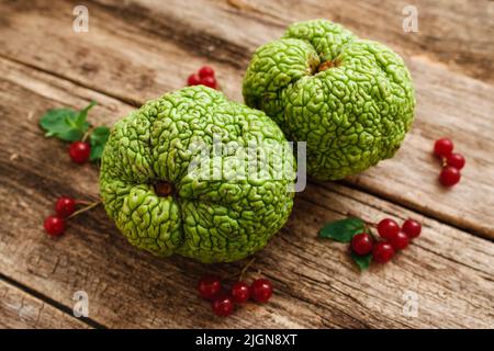 Draufsicht auf grüne exotische Früchte mit roten Beeren Stockfoto