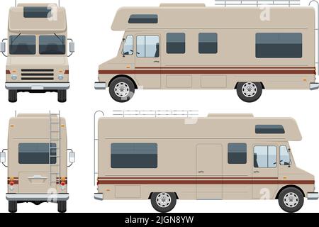 Wohnmobil Vektor-Vorlage mit einfachen Farben ohne Steigungen und Effekte. Blick von der Seite, vorne, hinten Stock Vektor