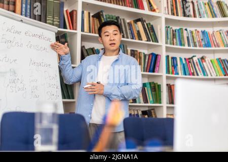 Der Chinesische Lehrer Zeigt Auf Whiteboard, Das Online-Unterricht Im Klassenzimmer Hat Stockfoto