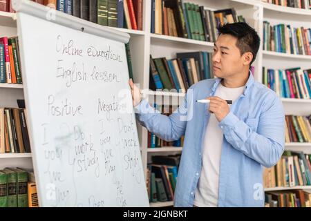 Chinese Teacher Man Lehrt Schreiben Auf Whiteboard Im Modernen Klassenzimmer Stockfoto