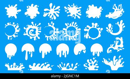 Cartoon-Milchspritzer. Weiße flüssige Flecken verschiedener Formen, fallende milchige Tropfenflecken und runde Spritzerflecken. Vector Joghurt und Milchshake Lebensmittelgeschäft Stock Vektor