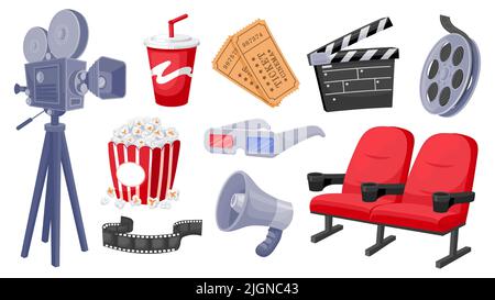 Cartoon-Film-Elemente. Kamera Getränke Tickets Megaphon Klapper Popcorn Kino 3D Symbole, Film und Film machen Zubehör. Vektor isoliert Stock Vektor