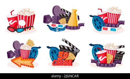 Cartoon-Symbole im Kino. Cartoon-Filmproduktion und Filmtheater Symbole Sammlung, Kamera Film Spulen Popcorn Klapper Kinematographie Elemente. Vektor Stock Vektor