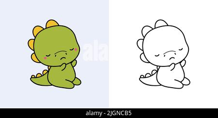 Cute Clipart Dino Illustration und zum Ausmalen Seite. Cartoon Clip Art Dinosaurier. Vektor-Illustration eines Kawaii-Tieres für Aufkleber, Babydusche Stock Vektor