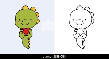 Clipart Dino Multicolor und Schwarz-Weiß. Niedlicher Clip Art Dinosaurier. Vektor-Illustration eines Kawaii-Tieres für Aufkleber, Babydusche, Färbung Stock Vektor