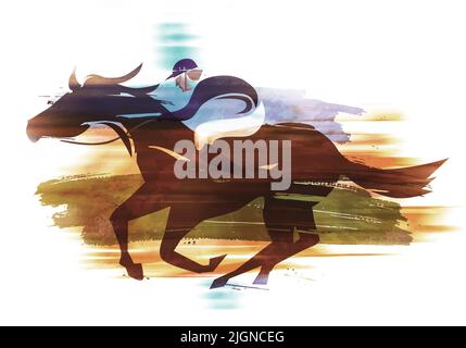 Rennpferd, Jockey laufen Aktion. Ausdrucksstarke Darstellung des Jockeys auf dem Pferd bei voller Geschwindigkeit. Imitation der Aquarellmalerei. Stockfoto