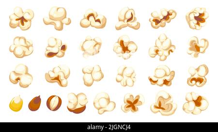 Popcornformen in Cartoon-Farben. Film- und TV-Snacks von knallenden Mais, Kino Spaß Lebensmittel in verschiedenen Formen. Vektor-isolierter Satz Stock Vektor