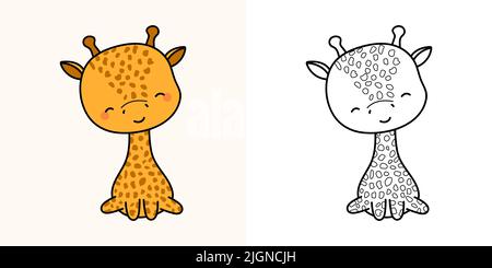 Set Clipart Giraffe Malseite und farbige Illustration. Clip Art Kawaii Giraffe. Vektor-Illustration eines Kawaii-Tieres für Malvorlagen, Drucke Stock Vektor