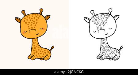 Kawaii Giraffe Clipart Multicolor und Schwarz und Weiß. Süße Kawaii Giraffe. Vektor-Illustration eines Kawaii-Tieres für Aufkleber, Drucke für Kleidung Stock Vektor