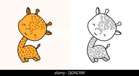 Clipart Giraffe Multicolor und Schwarz und Weiß. Niedlicher Clip Art Giraffe. Vektor-Illustration eines Kawaii-Tieres für Aufkleber, Babydusche, Färbung Stock Vektor