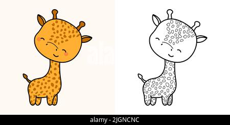 Setzen Sie Clipart Giraffe Multicolor und Schwarz-Weiß. Kawaii Clip Art Giraffe. Vektor-Illustration eines Kawaii-Tieres für Drucke für Kleidung, Aufkleber Stock Vektor