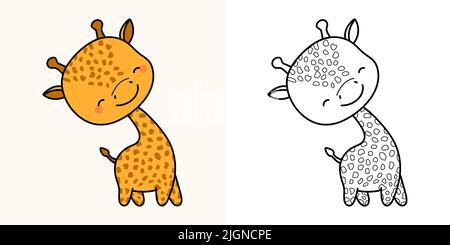 Cute Giraffe Clipart Illustration und Schwarz und Weiß. Lustige Clip Art Giraffe. Vektor-Illustration eines Kawaii-Tieres für Malvorlagen, Aufkleber Stock Vektor