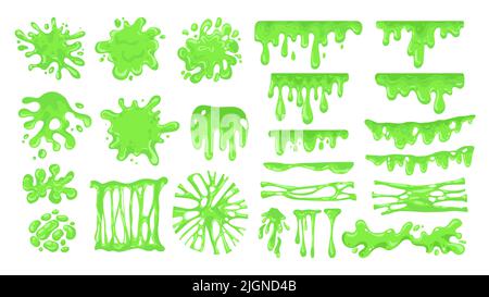 Cartoon-Schleim. Grüne klebrige Tropfen und giftige Gelee Splatter, chaotisch gefärbte tropfende Goo, bunte gruselige Blob. Vektor-isolierter Satz von Spritzern und Stock Vektor