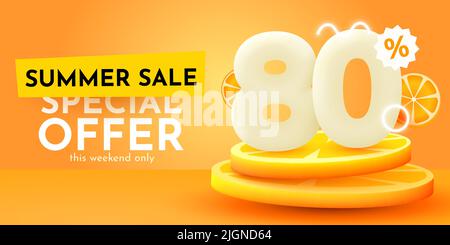 80 % Rabatt. Rabatt auf kreative Komposition. Sommer Sale Banner mit orange. Werbebanner und Poster. Vektorgrafik. Stock Vektor