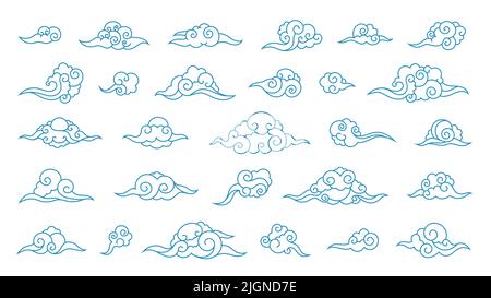 Chinesische Linienwolken. Asiatische Linie Ornament der Natur Elemente, koreanische japanische orientalische Dekoration Kunst. Vektor Retro-Grafik auf Himmel Hintergrund Textur Stock Vektor