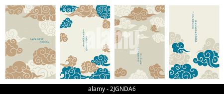 Asiatische Poster mit Wolken. A4 Cover-Mockup mit orientalischer dekorativer Wolke traditioneller Grafik. Vektor Chinesisch Koreanisch Tibetisch Asiatisch Flyer Kunst Set Stock Vektor