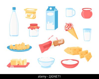 Milchprodukte. Cartoon Milch in Flasche, Packung und Glas, Käse Joghurt Eis Butter und Cremes, gesundes Frühstück Mahlzeit. Vector Milcherzeugnisse Stock Vektor