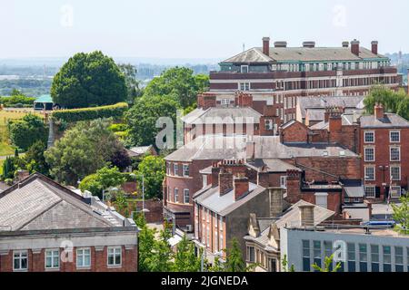 Blick auf die Friar Lane und den Maid Marian Way vom Dach des Pearl Assurance Building in Nottingham City, Nottinghamshire, England Stockfoto