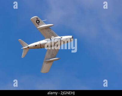 Vereinigte Staaten Ai Force MIG-15 bekannt als die "Midget" oder "Fagot", wird auf der Southport Air Show, Southport, Merseyside, Großbritannien, gezeigt Stockfoto