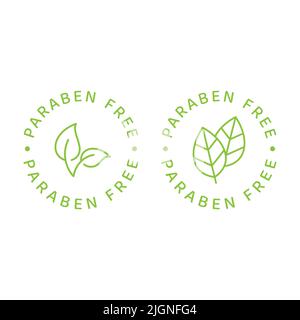 Parabenfreier Vektor-Beschriftungssatz. Kreis-Emblem mit Blatt für Kosmetikverpackungen. Stock Vektor