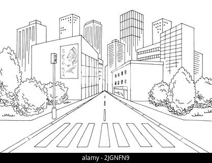 Crosswalk Straße Straße Grafik schwarz weiß Stadt Landschaft Skizze Illustration Vektor Stock Vektor