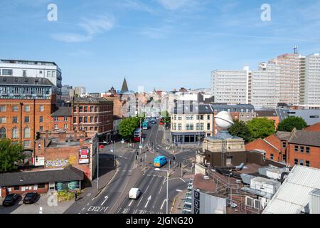 Blick auf die Lower Parliament Street in Nottingham, aufgenommen vom Dach von Confetti, Nottinghamshire, England, Großbritannien Stockfoto