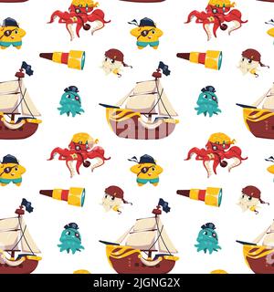 Muster der Piratentiere. Nahtloser Druck von nautischen Unterwassertieren in Piratenkostümen, Kinder Illustration von Tintenfisch Affen Papagei. Vektor Stock Vektor