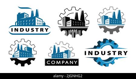 Werk mit Rohr- und Getriebelogo. Energieindustrielles Konzept. Vektor für Symbolsatz der Branche Stock Vektor