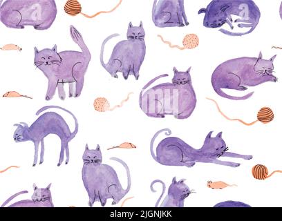 Aquarell handbemalte lila Katzen und Mäuse auf weißem Hintergrund ioliert Stock Vektor