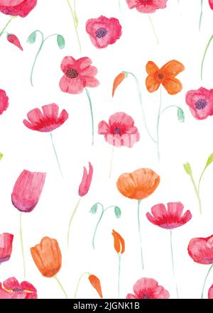 Hand bemalt mit Aquarell Pinsel nahtlose Muster mit roten und orangen Mohnblumen Illustration isoliert auf weißem Hintergrund Stock Vektor