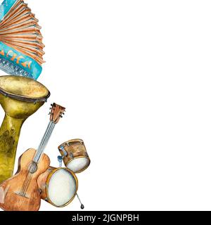 Tafel mit ethnischen Trommeln aus lateinamerika Aquarell-Illustration auf Weiß. Musikinstrumente Conga, Akkordeon, Gitarre handbemalt. Designelement für Stockfoto