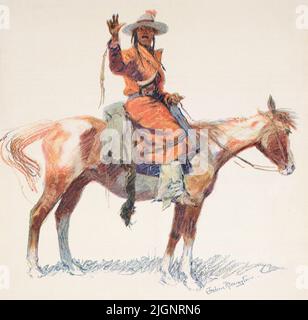 Ein Apache Scout. Nach einem Werk des amerikanischen Künstlers Frederic Sackrider Remington, 1861 – 1909. Ein Apache Scout zu Pferd. Stockfoto