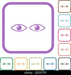 Augen sehen, wie einfache Symbole in abgerundeten farbigen quadratischen Rahmen auf weißem Hintergrund dargestellt werden Stock Vektor