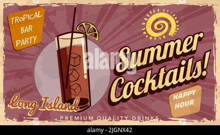 Banner „Summer Long Island Cocktail“ im Retro-Stil. Cocktailbar mit Vintage-Hintergrund, zerkratztem, altem Strukturpapier Stock Vektor