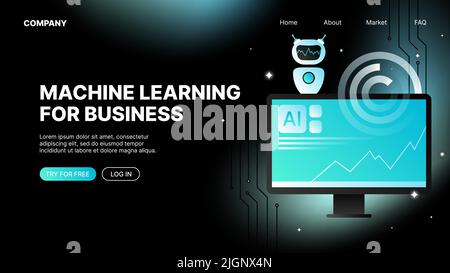 Machine Learning-Website für Unternehmen. Isometrische Landing Page-Vorlage. Vektorgrafik Stock Vektor