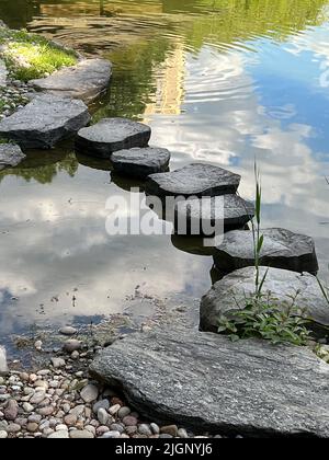 Trittsteine im Teich des Japanischen Gartens im Brooklyn Botanic Garden in Brooklyn, New York. Stockfoto